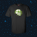 A black short-sleeve t-shirt with a central graphic of a white skull surrounded by green psychedelic splatters The shirt is displayed against a dark starry space background.