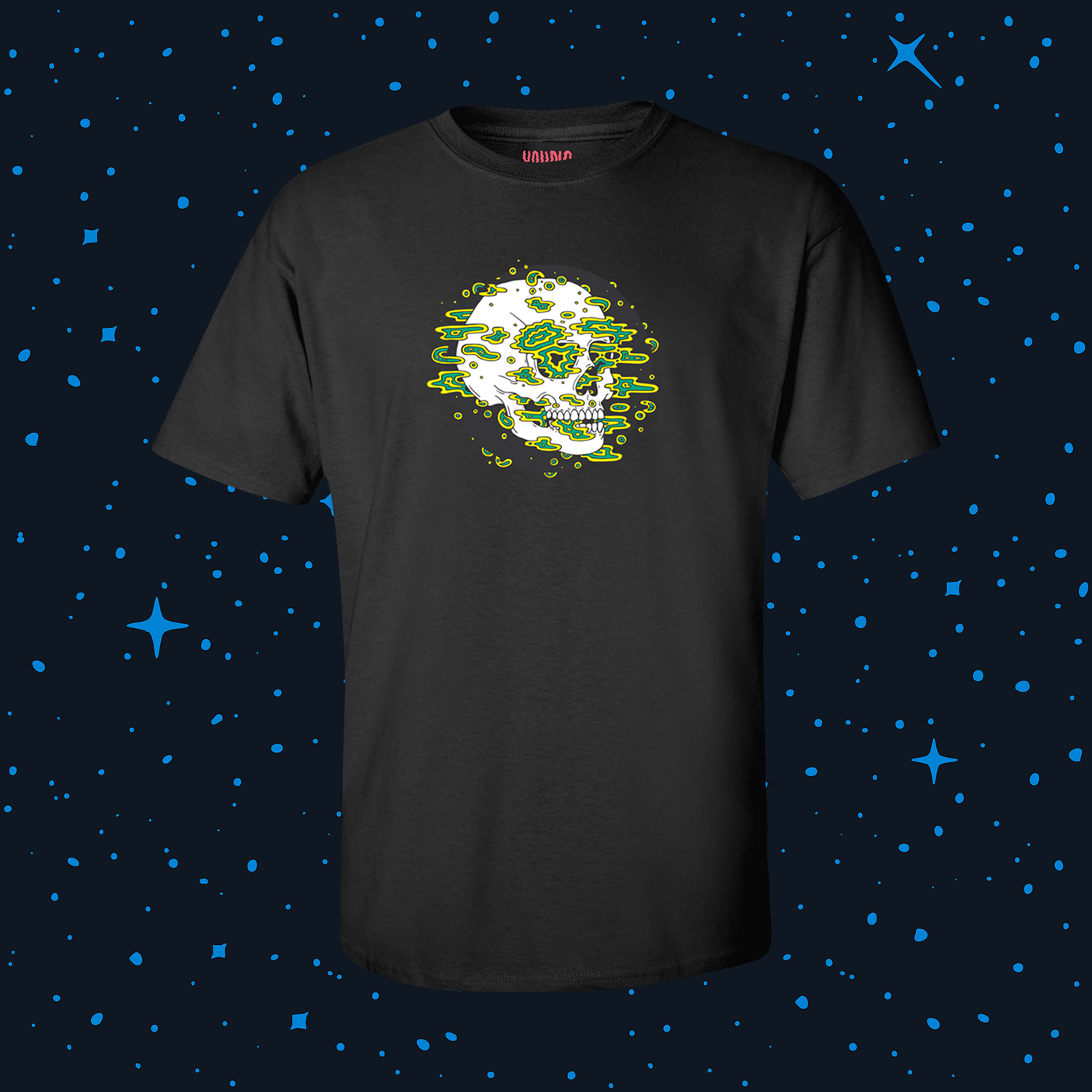 A black short-sleeve t-shirt with a central graphic of a white skull surrounded by green psychedelic splatters The shirt is displayed against a dark starry space background.