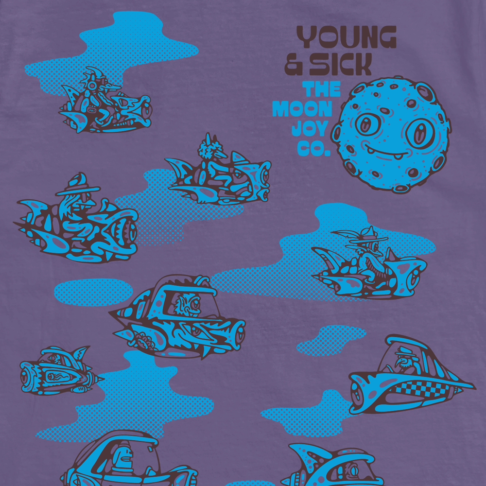 Detail of two-tone color screen print on a relaxed fit purple unisex t-shirt featuring an original outer space design illustrated by Young & Sick. A graphic design featuring the text “The Moon Joy Co.”and a Young & Sick lockup.
