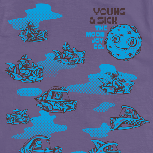 Detail of two-tone color screen print on a relaxed fit purple unisex t-shirt featuring an original outer space design illustrated by Young & Sick. A graphic design featuring the text “The Moon Joy Co.”and a Young & Sick lockup.