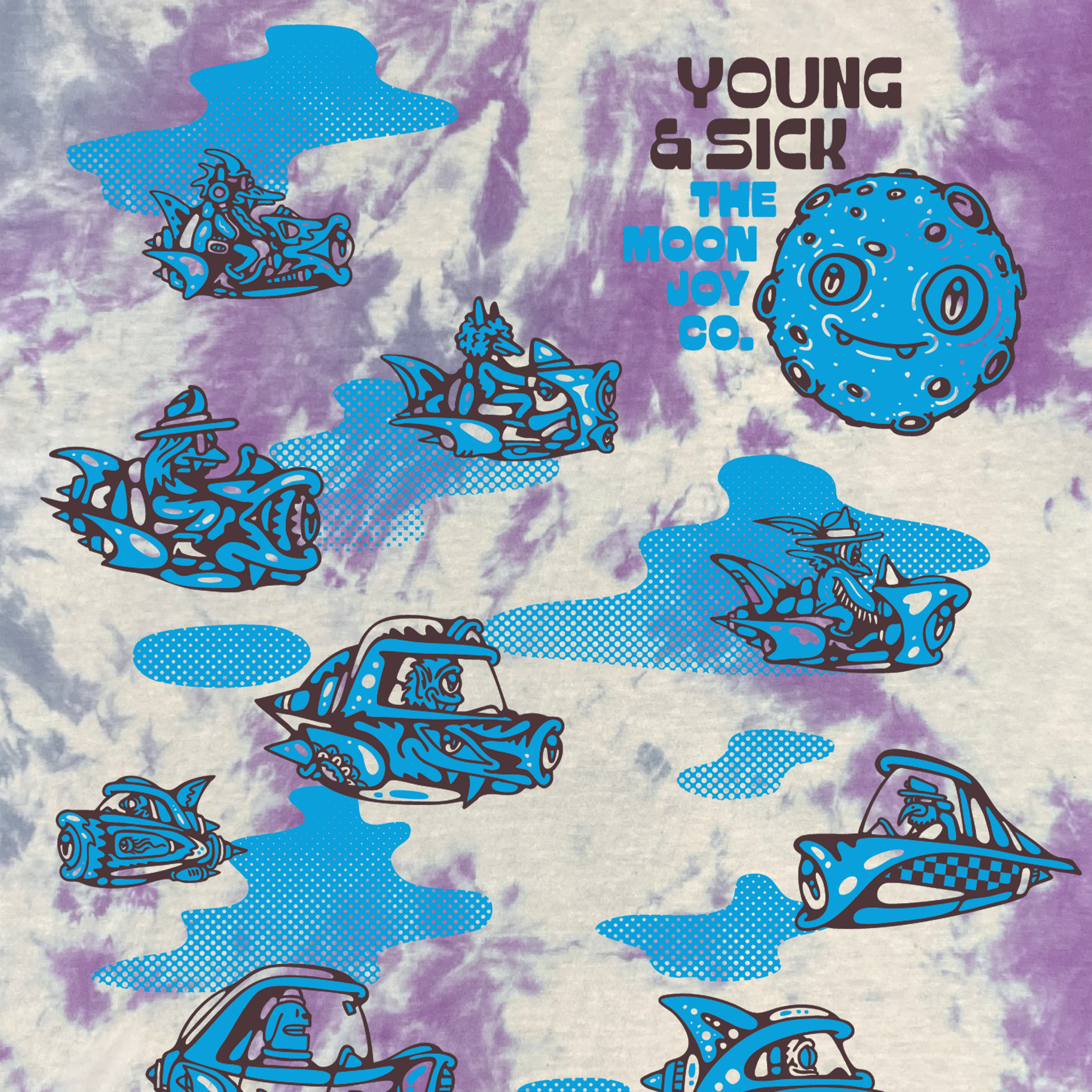 Detail of two-tone color screen print on a relaxed fit tie dye unisex t-shirt featuring an original outer space design illustrated by Young & Sick. A graphic design featuring the text “The Moon Joy Co.”and a Young & Sick lockup. The tie dye is purple and space gray.
